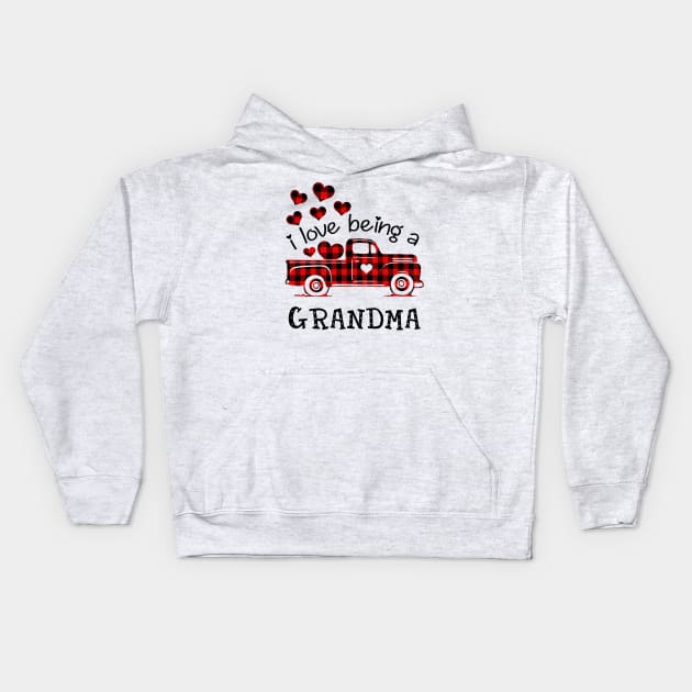 I Love Being Grandma Red Plaid Buffalo Truck Hearts Valentine's Day Shirt Kids Hoodie by Alana Clothing